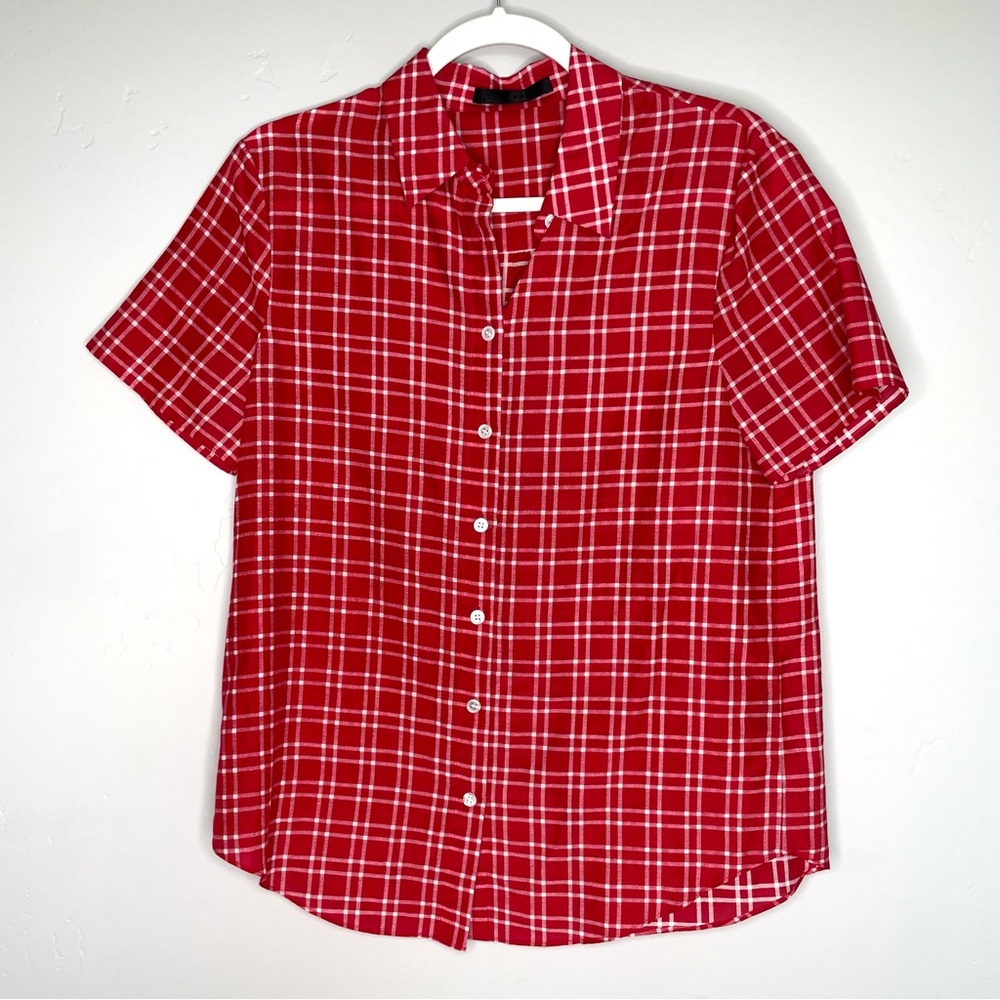 Jenni Kayne Plaid Button Up Top Short Sleeve Small Red Plaid Check Cotton Silk S
